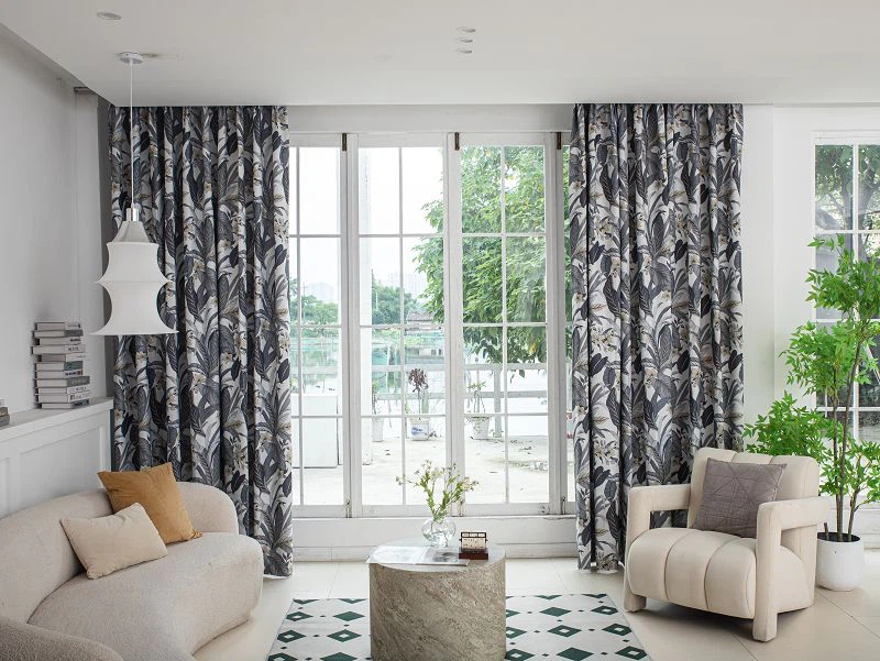 ผ้าม่านลินินข้าวฟ่างพิมพ์ลายใบไม้ขนาดใหญ่